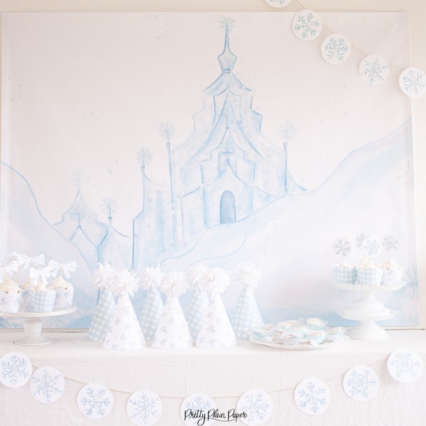 Snow Castle Watercolor Printable Party Backdrop Poster Download 1010, for Frozen, Snowflake, Ice, Snow, Winter Birthday Party