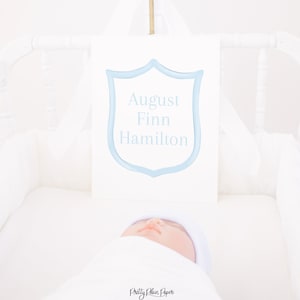 Hospital Baby Name Sign Printable | 8x10 | Watercolor Blue Crest | Baby Announcement | Baby Crest | Welcome Newborn Stats | for Boy | 20001