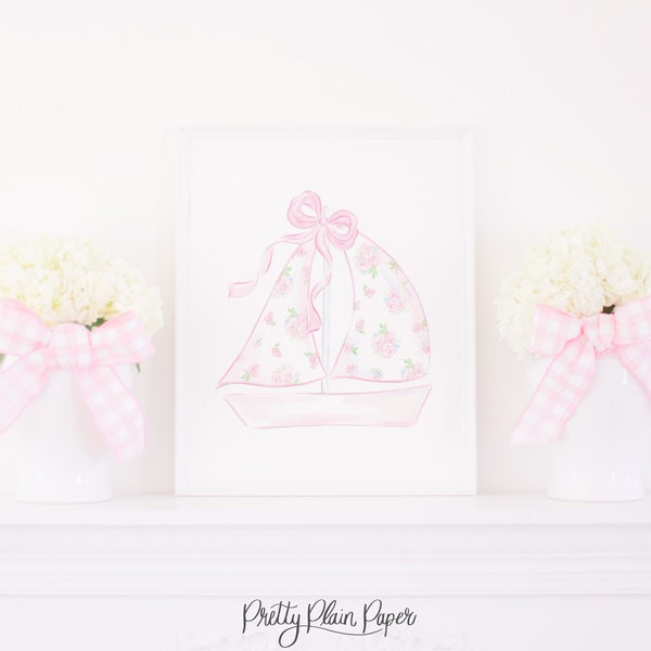 Watercolor Pink Sailboat Print | 8x10 or 16x20 | Printable | Sailboat Artwork | Floral Sailboat | Art for Birthday Party or Baby Shower 5014