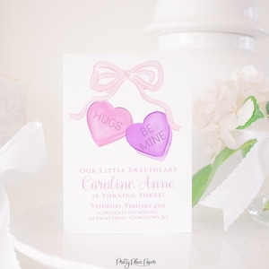 Watercolor Bow & Conversation Hearts Birthday Party Invitation | Pink Purple White Hearts | Valentine Birthday | Printable Download | 1020