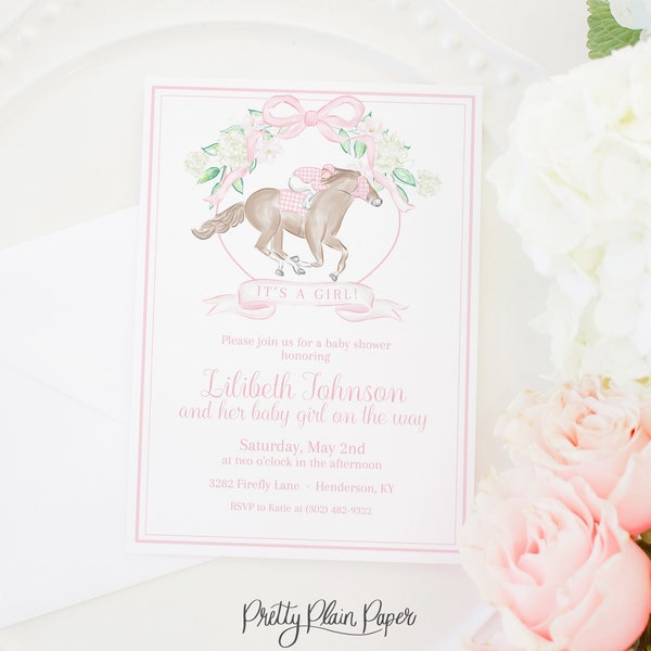 Watercolor Horse Racing Crest Baby Shower Invitation | Horse Racing Baby Shower Invitation | Pink Derby Theme Baby Shower for Girl 1052 0106