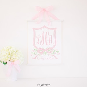 Hospital Door Sign Printable | 16x20 | Watercolor Pink Crest & Bow | Baby Announcement | Name Crest | Welcome Newborn Stats | Monogram 10001