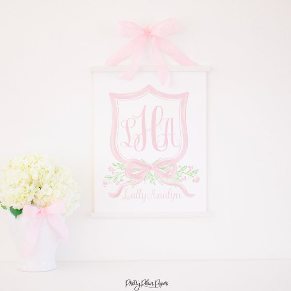 Panneau de porte d’hôpital imprimable | 16x20 | Crête et arc rose aquarelle | Annonce de bébé | Nom Crête | Bienvenue Statistiques des nouveau-nés | Monogramme 10001