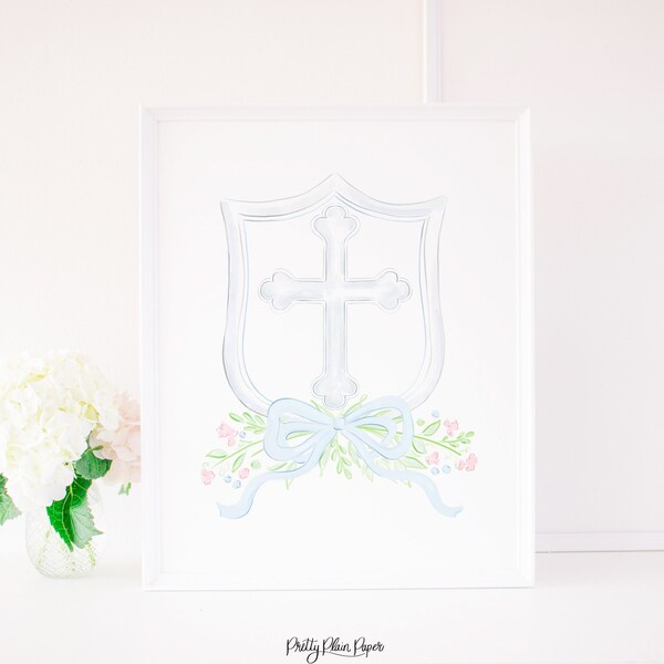 Watercolor Crest Cross Print | 8x10 or 16x20 | Printable Download | Blue Pink Traditional | Grandmillennial Cross Artwork for Baptism | 3001