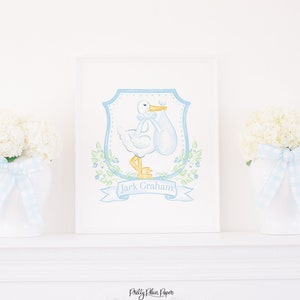Segno di cicogna blu acquerello stampabile / 16x20 / Annuncio del nome del bambino o annuncio di gravidanza / Stemma del nome del bambino con cicogna / 20003