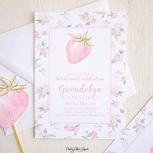 Watercolor Floral & Strawberry Birthday Invitation, Strawberry Garden Birthday Invitation, Berry Sweet Birthday Invitation 1015