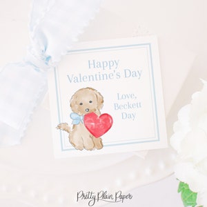 Aquarell Little Puppy Valentine Tag | 3.5x3.5 Printable | Valentinstag Geschenk für Schule | Blauer Welpe | Kleiner Junge Welpe mit Herz | 1021