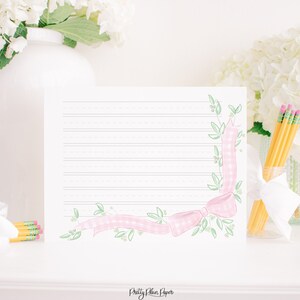 Kerstbriefpapier voor kinderen | Roze kerstlint en strikpapier met stippellijnen | Aquarelbrief aan de Kerstman Afdrukbaar verlanglijstje 2001