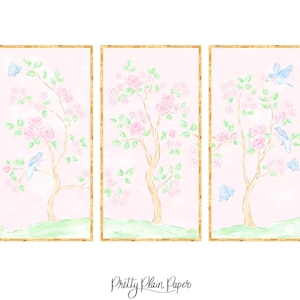 Watercolor Pink Chinoiserie Panel Prints | (3) 24x48 Downloads | Grandmillennial Artwork | Baby or Little Girl Room Art | Floral Tree | 5017