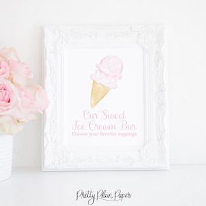 Party Schild | 8 x 10 druckbare | Aquarell rosa Eiscreme | Babyparty | Geburtstag | Mädchen | Preppy | Rosa | Zwei Süße | Eistüte | 5024