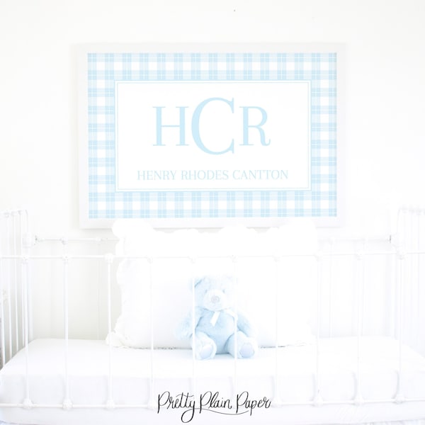 Monogram Blue Plaid Art | 24x36 Print | Personalized Light Blue Artwork for Nursery or Little Boy Bedroom with Baby Name | Above Crib | 3000