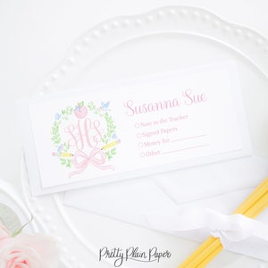 Pink Apple Crest Envelopes for School | 3.5x8.5 Printable | Personalized Back to School Envelopes for Money & Notes to Teacher | 1055 10551