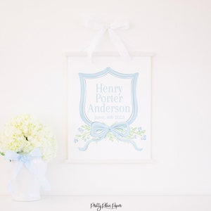 Signo de puerta del hospital imprimible / 16x20 / Cresta azul acuarela para niño / Anuncio de bebé / Cresta del nombre / Estadísticas de bienvenida para recién nacidos / 20001