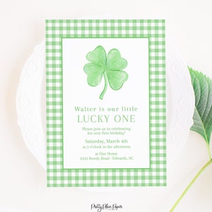 Watercolor Four Leaf Clover Birthday Invitation | Lucky ONE First Birthday Invitation | Green Gingham | St Patrick's Day Invite | 6001