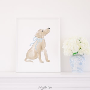 Watercolor Puppy Dog Print with Blue Bow | 8x10 or 16x20 | Printable | Grandmillennial Nursery Artwork | Little Boy's Room Art | 1076 1027