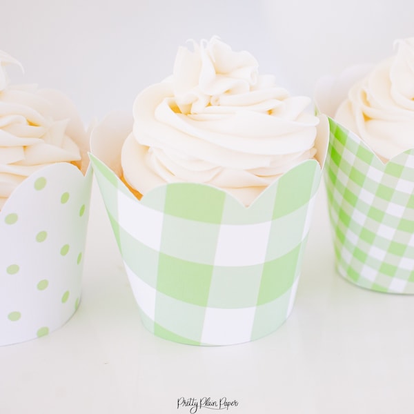 Light Green Pattern Cupcake Wrappers | Light Green Gingham Cupcake Wrapper Template | Green Dots Cupcake Wrapper | Printable Download | 7000