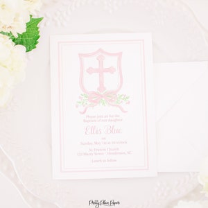 Watercolor Crest Baptism Invitation with Cross in Pink | Pink Traditional Baptism Invitation | Baby Dedication for Girl | 5005