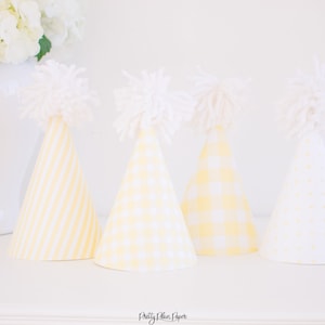 Gelbe Muster Partyhüte | Gelbe Gingham Partyhüte | Druckbare Vorlage | Gelb und Weiß | Gelber Hut zum Geburtstag | 9500