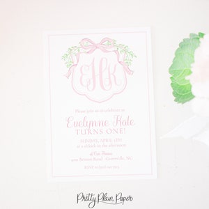 Watercolor Pink Crest Invitation with Bow & Monogram | Watercolor Crest Birthday , Bridal Shower or Baby Shower Invitation | First 1st  1054