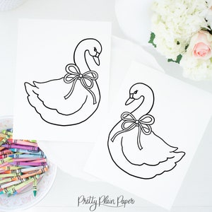 Watercolor Swan Coloring Pages | 8.5x11 Printable | Pretty Pink and Blue Swan Birthday or Baby Shower Theme | Coloring Sheet | Bow | 5019