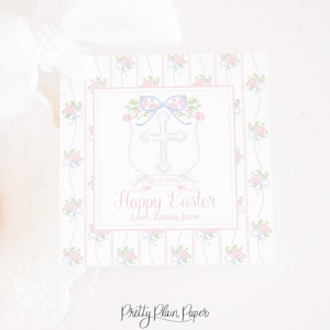 Osteranhänger | Kreuz Wappen | 3.5x3.5 druckbare Download | Aquarell Frohe Ostern Geschenkanhänger | Blumenstrauß mit Schleifen | Blau Pink Weiß | Schule 1022