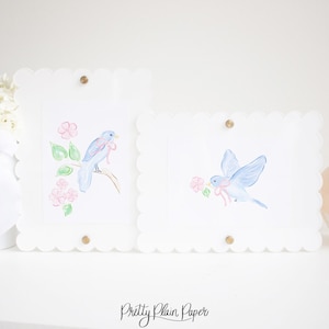 Watercolor Blue Bird Set | Set of (2) 5x7 Downloads | Grandmillennial Artwork | Baby or Little Girl Room Art | Chinoiserie | Pink Bow | 5017