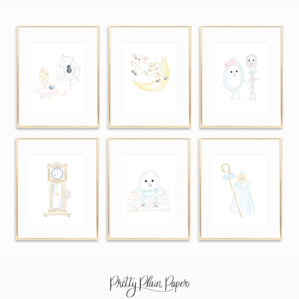 Set of 6 Watercolor Nursery Rhyme Prints | 8x10 or 16x20 | Printable | Little Girl or Boy Room Print Set | Original Watercolor Artwork  1030
