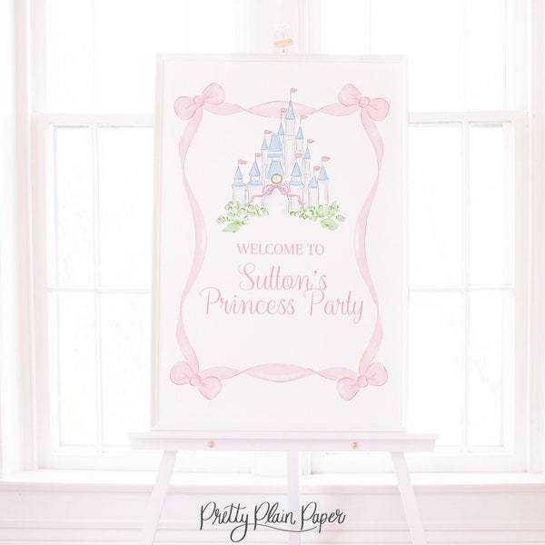 Welcome Sign | 24x36 Printable | Watercolor Princess Castle Birthday | Pink Bows & Ribbon | Cinderella | Princess Tea Party | 3010