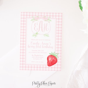 Watercolor Strawberry Invitation with Monogram Crest | Strawberry & Pink Gingham Birthday | Strawberry Theme Baby Shower | Pink  Red | 1071