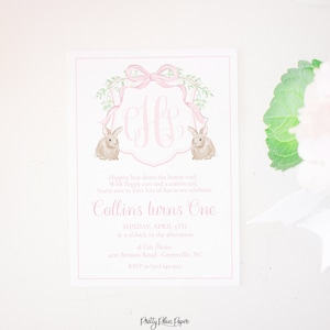 Watercolor Some Bunny is ONE Invitation | Watercolor Pink Bunny Birthday Invitation for Girl | Monogram Crest | Bunnies First Birthday  5003