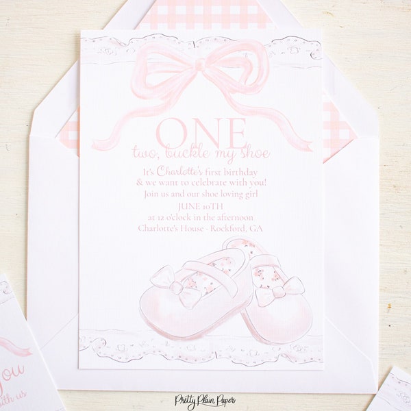 ONE Two Buckle My Shoe Invitation with Pink Bow and Lace | Watercolor Pink Bow & Shoes Invitation | 1017 | Pretty Shoe Birthday Invitation