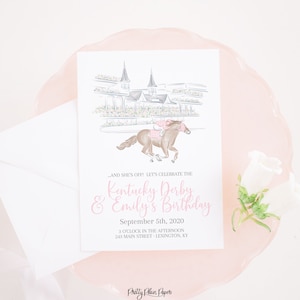 Churchill Downs Race Horse & Jockey Watercolor Printable Invitation Download Horse Racing or Kentucky Derby Party Pink Gingham 0106 image 1