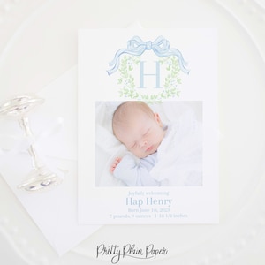 Carte imprimable de faire-part de naissance aquarelle pour garçon | 5x7 | Couronne bleue monogramme | Faire-part traditionnel de nouveau-né avec photo | 20004