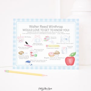 Blue Gingham Get to Know the Teacher Questionnaire | Printable & Editable | Watercolor Teacher Favorite Things | Back to School Survey  1055