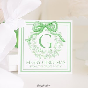 Green Bow Monogram Wreath Watercolor Christmas Gift Tag or Holiday Treat Tag | Green Wreath | Watercolor Printable Label Download 2001