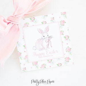 Osteranhänger | Weißer Hase mit rosa Schleife und Blumenmuster 3.5x3.5 Druckbar | Aquarell Frohe Ostern Geschenkanhänger | Mitschülerin Schule | 1022