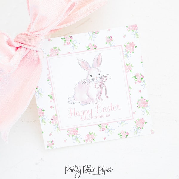 Easter Tag | White Bunny with Pink Bow and Floral Print | 3.5x3.5 Printable | Watercolor Happy Easter Gift Tag | Classmate School | 1022