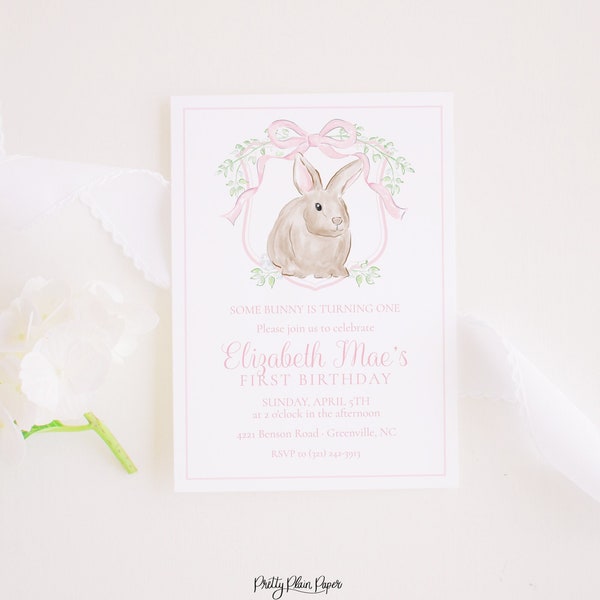 Watercolor Some Bunny is ONE Invitation | Watercolor Pink Bunny Birthday Invitation | Girl Bunny Crest with Bow | Bunny First Birthday 5003