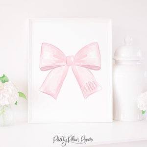 Watercolor Pink Bow with Monogram Print | 8x10 or 16x20 Printable | Pink Bow Nursery Artwork | Pink Bow Baby Print | Art |  1017 5007