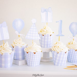 Watercolor Light Blue Cupcake Toppers | Printable | Classic Blue & White Birthday Cupcake Toppers | Blue and White 1st Birthday | 1050