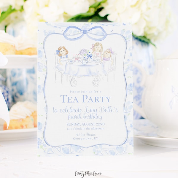 Watercolor Tea Party Invitation with Bow | Chinoiserie Pattern | Blue & White Floral Tea Party Invitation with Bow | Girly Tea Party | 1068