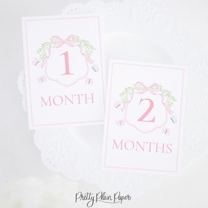 Cartes d'étapes mensuelles | 5 x 7 | Écusson rose aquarelle avec monogramme et papillons | Ma première année | Photos de nouveau-né | Imprimable | 1054
