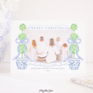 Aquarell Blau & Weiß Chinoiserie Weihnachtskarte mit Foto, digitaler Download | Druckbare Weihnachtskarte | Chinoiserie Übertopf Formschnitt 2001