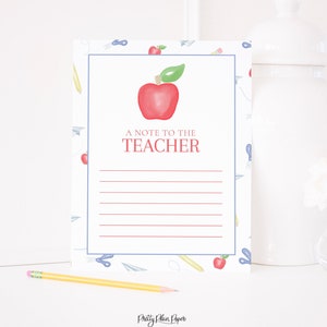 Watercolor Apple Pattern &#39;Note to the Teacher&#39; 8.5&#39;&#39;x11&#39;&#39; Stationery Printable | Back to School Stationery | Teacher Notes | 1055