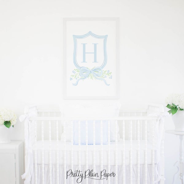 Watercolor Monogram Crest Artwork | 24 x 36 | Blue Bow & Greenery | Editable Printable | Watercolor Crest | Boy or Girl Nursery Art 20001