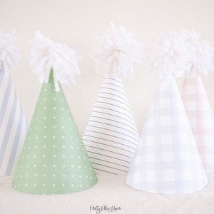 Blue & Pink Gingham, Green Polka Dot Pattern, and Blue Stripe Watercolor Printable Party Hats Download 0106