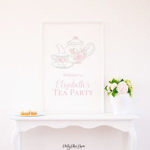 Pretty Pink Tea Party Sign | 24x36 | Watercolor Tea Party Poster | Watercolor Floral Tea Party | Welcome Sign | Flower Tea Pot & Cup | 1068