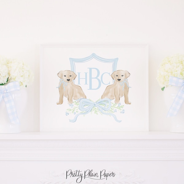 Watercolor Monogram Crest with Puppies | 8x10 or 16x20 Printable | Blue Puppy Crest | Grandmillennial Nursery Art | Boy Room Print 1076 1027