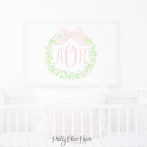 Aquarell Monogramm Kranz & Rosa Schleife | 24x36 Druck | Druckbare Download | Initial oder Monogramm Wappen Baby Kinderzimmer oder kleines Mädchen Zimmer | 5012