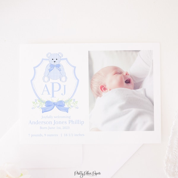Watercolor Birth Announcement Printable Card for Boy | 5x7 | Monogram Blue Crest | Gingham Teddy Bear Newborn Baby Announcement Photo  20002